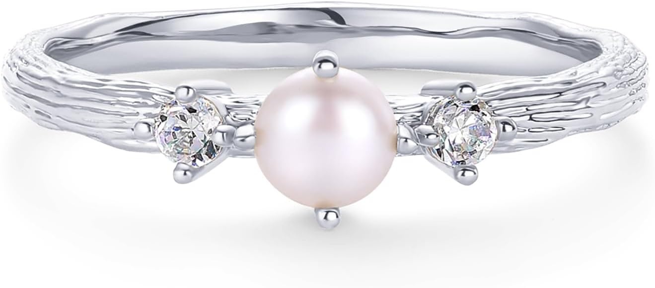 image:imagePAVOI 14K Gold Plated Pearl Hammered Ring for Women Dainty Elegant Stackable Cubic Zirconia Thin Band for WomenWhite Gold