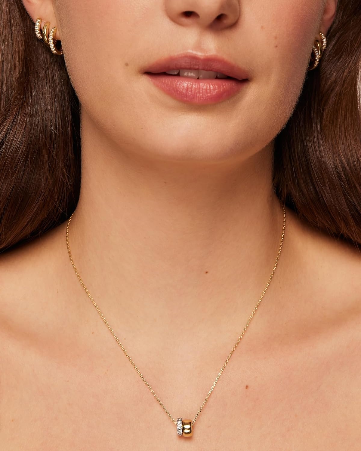 image:imagePAVOI 14K Gold Plated Pendant Necklace for Women Two Distinct Rondelle Pendants with Cubic Zirconia Sliding Chain Pendant Trendy Fashion JewelryYellow Gold