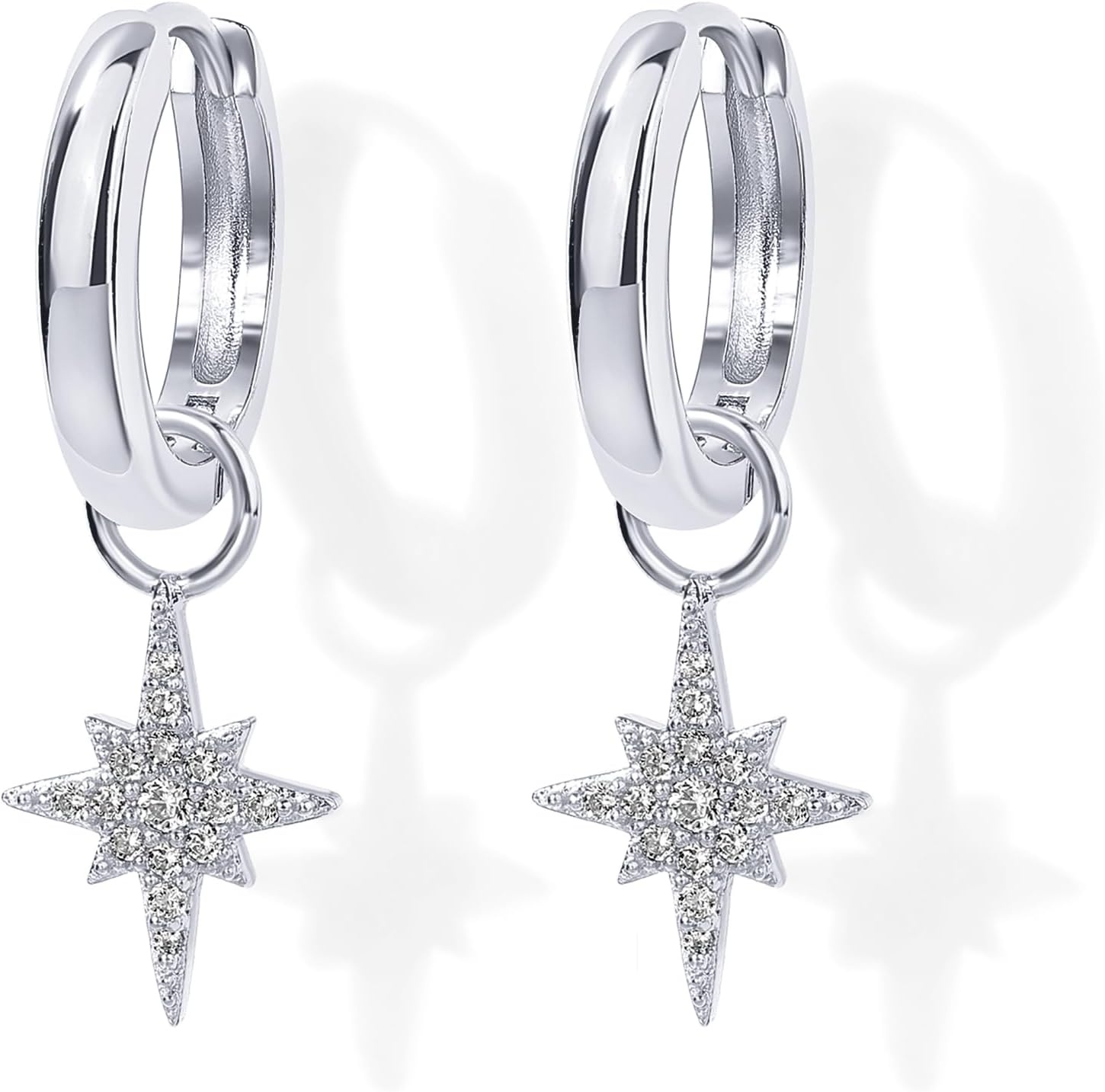 image:imagePAVOI 14K Gold Plated S925 Sterling Silver Post Lightweight Drop Dangle Huggie Hoop Earrings for Women Star Lock Pearl Cross Lightening Coin Dainty EarringsWhite Gold