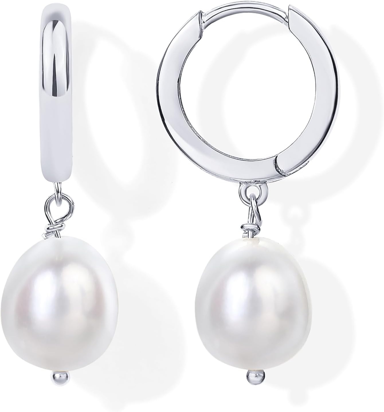 image:imagePAVOI 14K Gold Plated S925 Sterling Silver Post Lightweight Drop Dangle Huggie Hoop Earrings for Women Star Lock Pearl Cross Lightening Coin Dainty EarringsWhite Gold