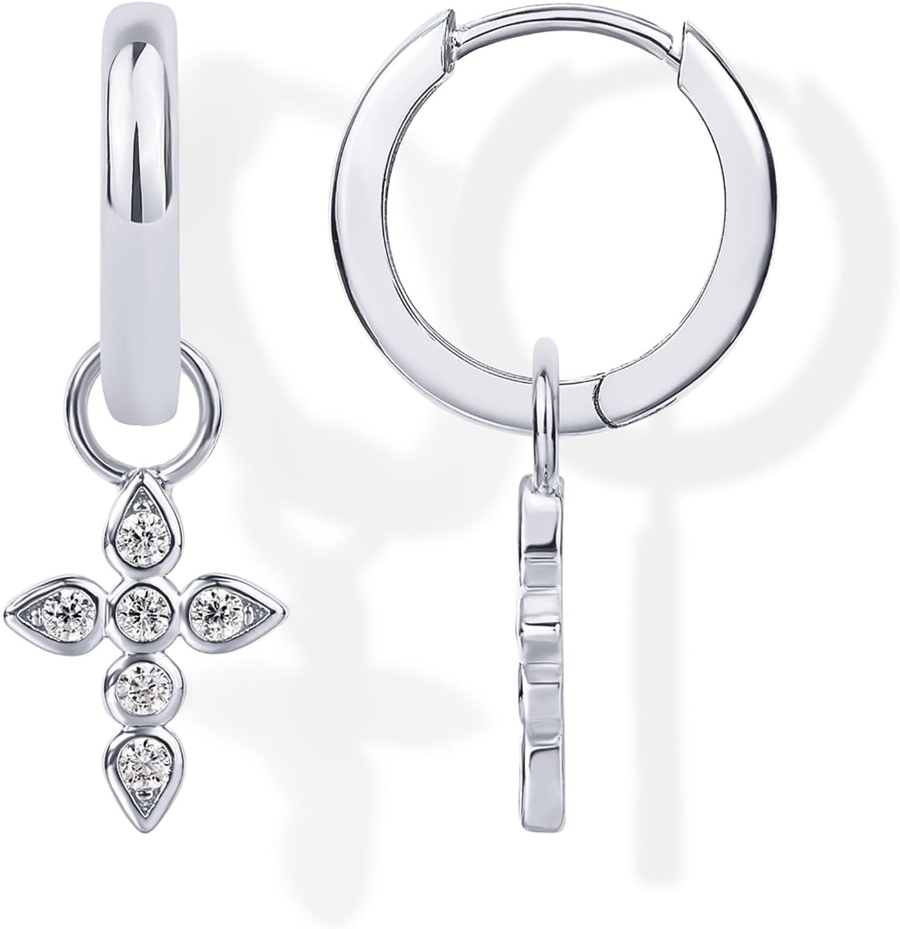 image:imagePAVOI 14K Gold Plated S925 Sterling Silver Post Lightweight Drop Dangle Huggie Hoop Earrings for Women Star Lock Pearl Cross Lightening Coin Dainty EarringsWhite Gold