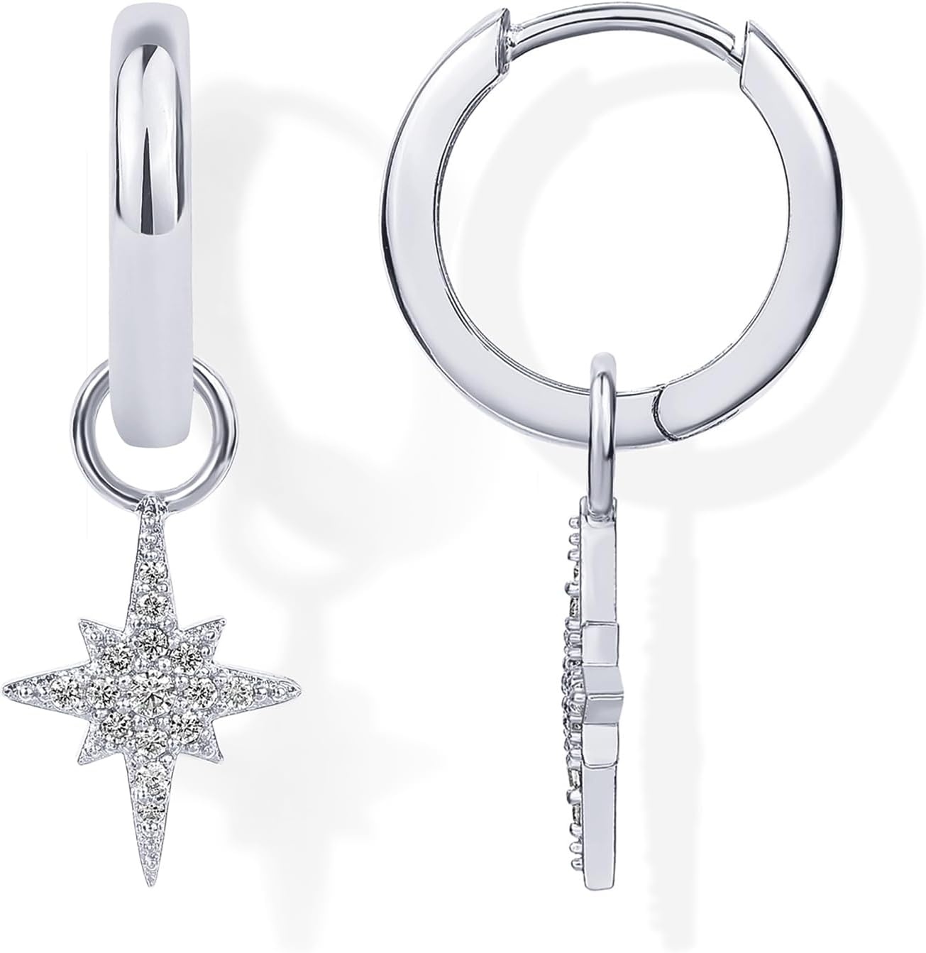 image:imagePAVOI 14K Gold Plated S925 Sterling Silver Post Lightweight Drop Dangle Huggie Hoop Earrings for Women Star Lock Pearl Cross Lightening Coin Dainty EarringsWhite Gold