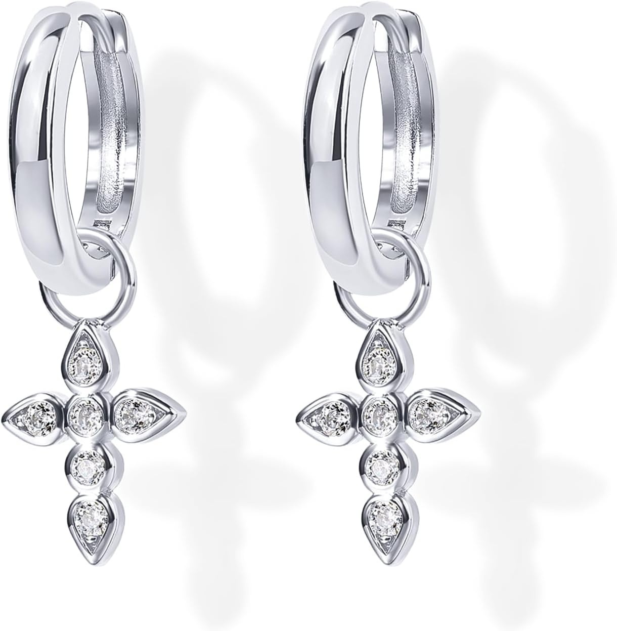 image:imagePAVOI 14K Gold Plated S925 Sterling Silver Post Lightweight Drop Dangle Huggie Hoop Earrings for Women Star Lock Pearl Cross Lightening Coin Dainty EarringsWhite Gold