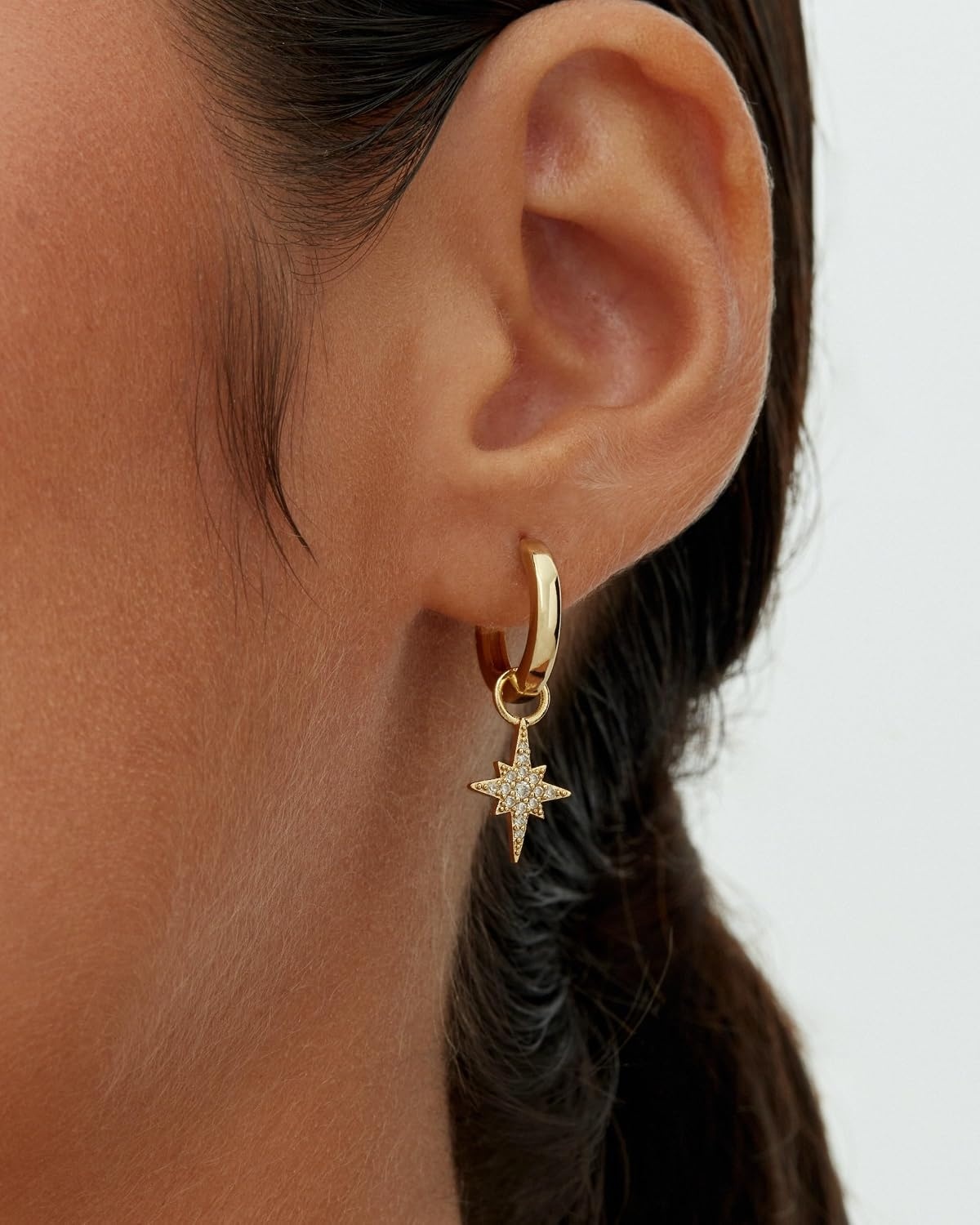 image:imagePAVOI 14K Gold Plated S925 Sterling Silver Post Lightweight Drop Dangle Huggie Hoop Earrings for Women Star Lock Pearl Cross Lightening Coin Dainty EarringsWhite Gold