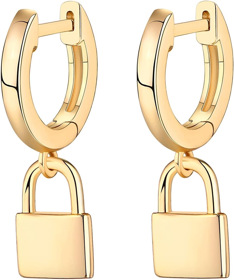 image:imagePAVOI 14K Gold Plated S925 Sterling Silver Post Lightweight DropDangle Huggie Earrings for Women Star Lock Butterfly Moon Lightning Dainty EarringsYellow Gold