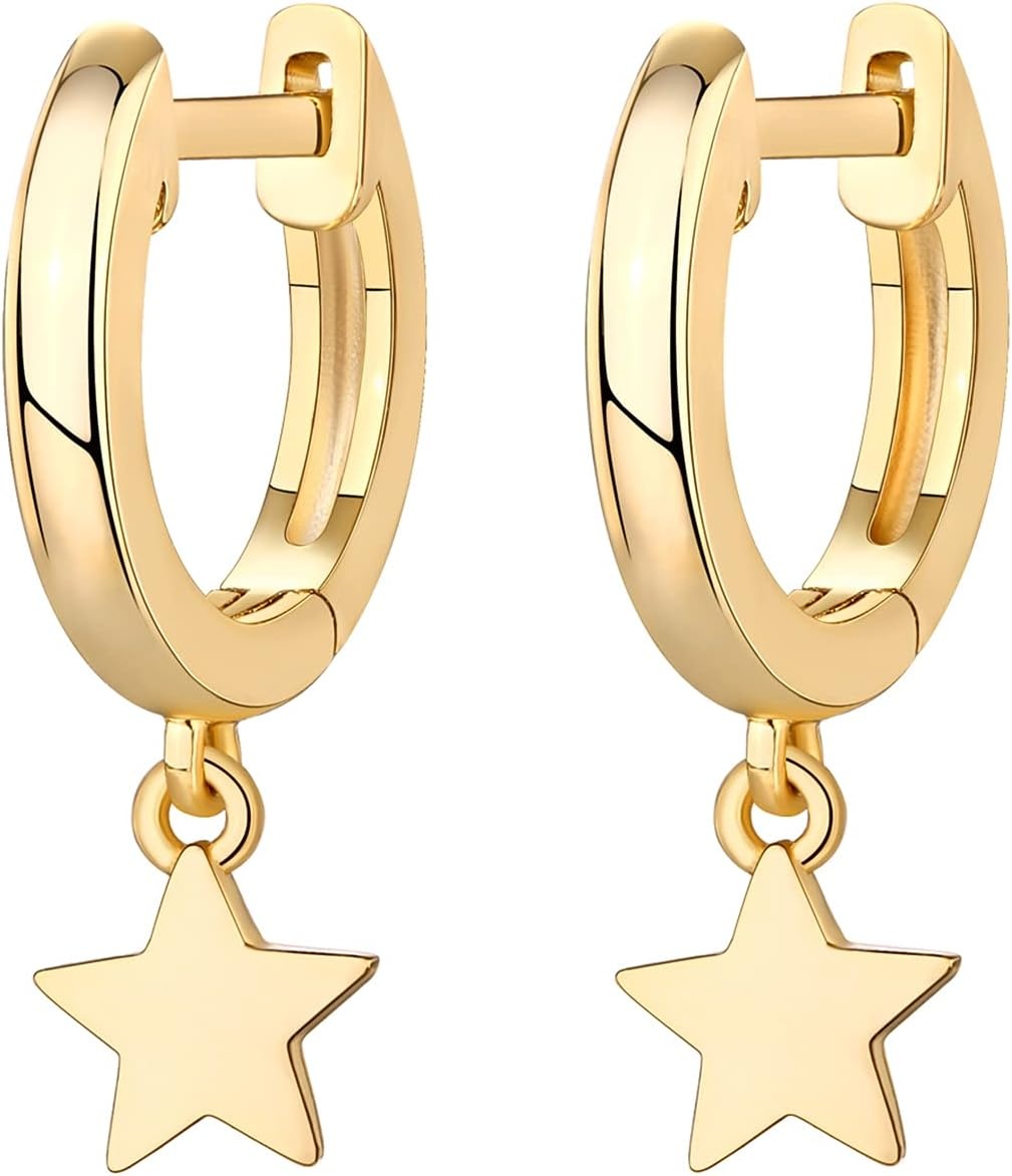 image:imagePAVOI 14K Gold Plated S925 Sterling Silver Post Lightweight DropDangle Huggie Earrings for Women Star Lock Butterfly Moon Lightning Dainty EarringsYellow Gold