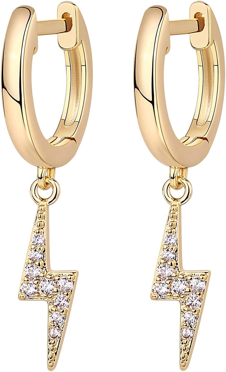 image:imagePAVOI 14K Gold Plated S925 Sterling Silver Post Lightweight DropDangle Huggie Earrings for Women Star Lock Butterfly Moon Lightning Dainty EarringsYellow Gold