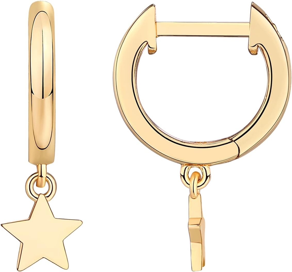 image:imagePAVOI 14K Gold Plated S925 Sterling Silver Post Lightweight DropDangle Huggie Earrings for Women Star Lock Butterfly Moon Lightning Dainty EarringsYellow Gold