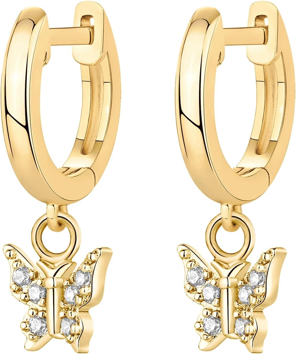 image:imagePAVOI 14K Gold Plated S925 Sterling Silver Post Lightweight DropDangle Huggie Earrings for Women Star Lock Butterfly Moon Lightning Dainty EarringsYellow Gold