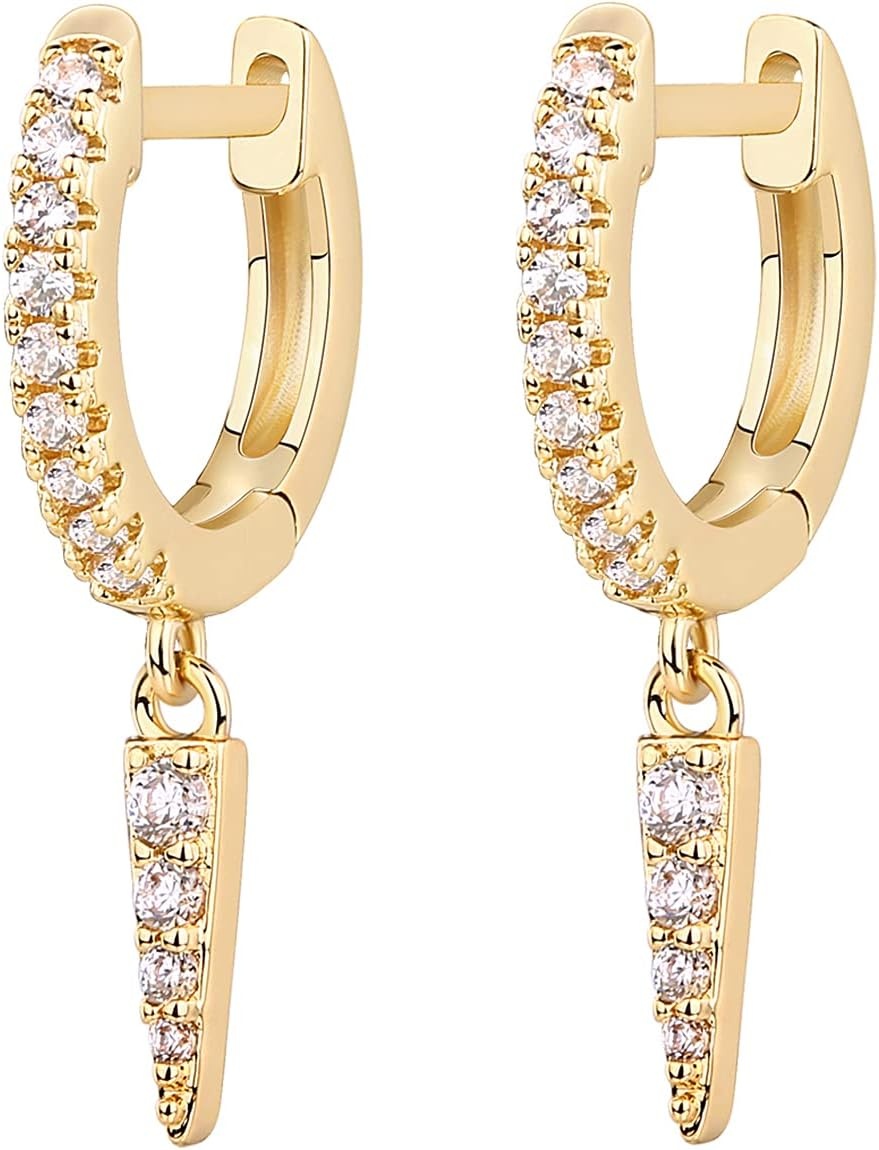 image:imagePAVOI 14K Gold Plated S925 Sterling Silver Post Lightweight DropDangle Huggie Earrings for Women Star Lock Butterfly Moon Lightning Dainty EarringsYellow Gold
