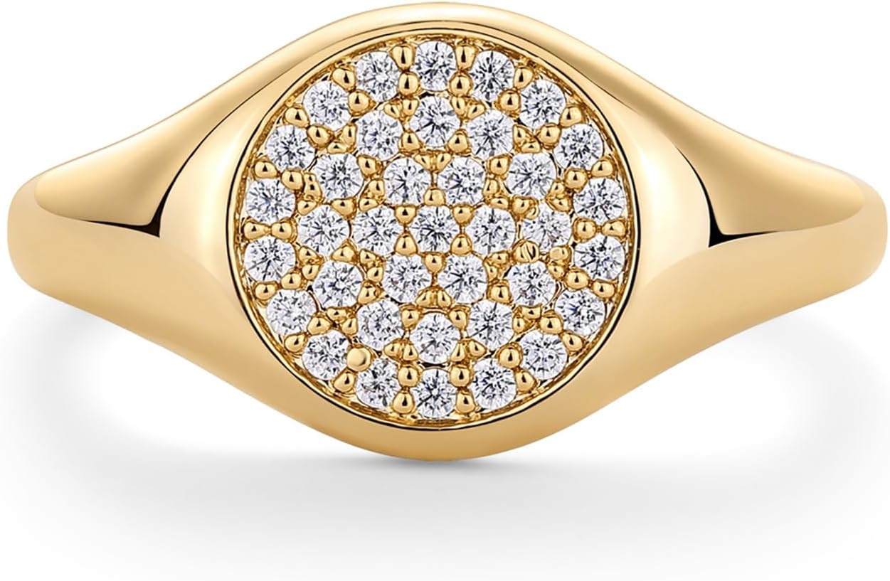 image:imagePAVOI 14K Gold Plated Signet Ring for Women Pinky Ring with Round Cubic Zirconia Dainty Lightweight Thin Statement JewelryYellow Gold