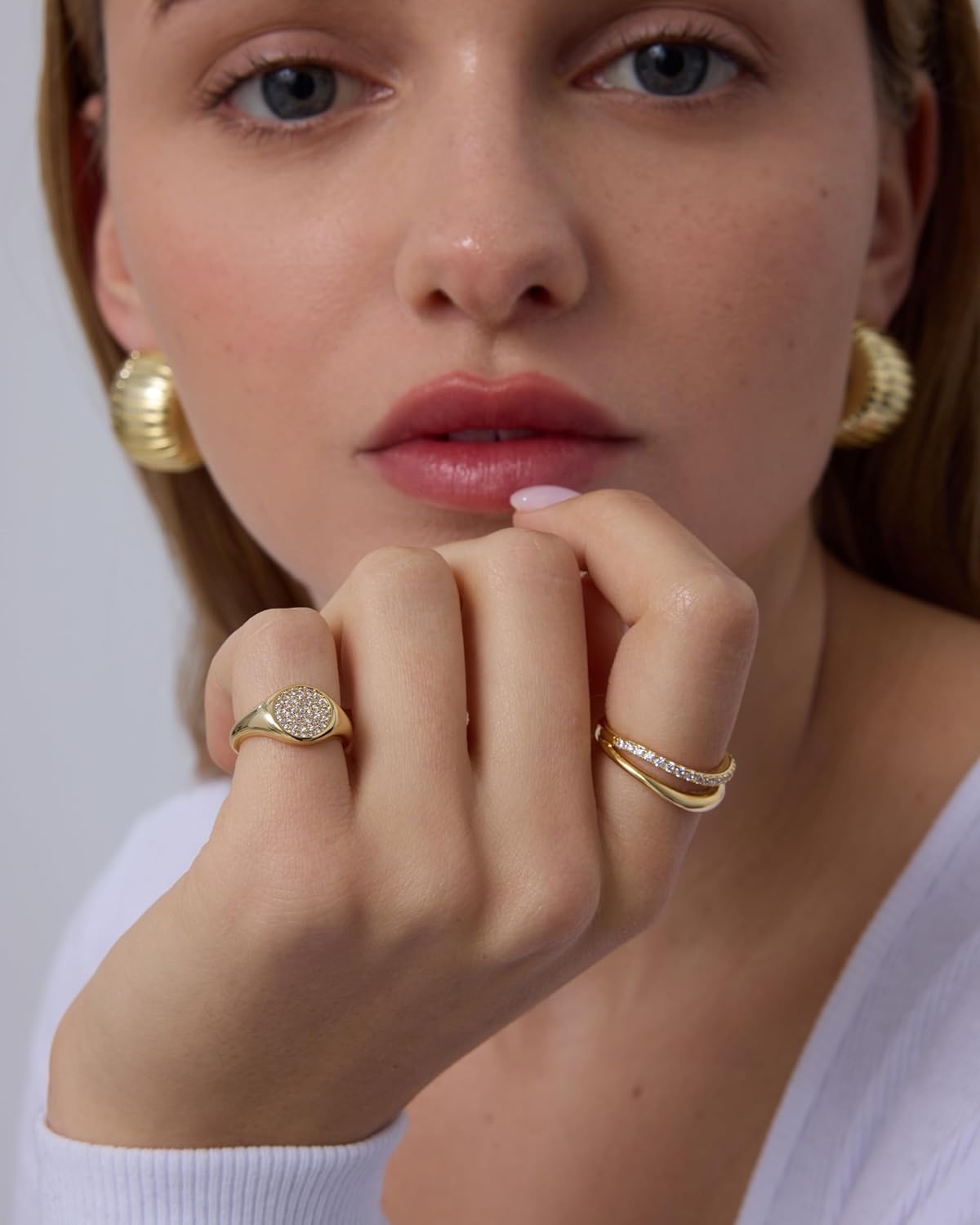 image:imagePAVOI 14K Gold Plated Signet Ring for Women Pinky Ring with Round Cubic Zirconia Dainty Lightweight Thin Statement JewelryYellow Gold