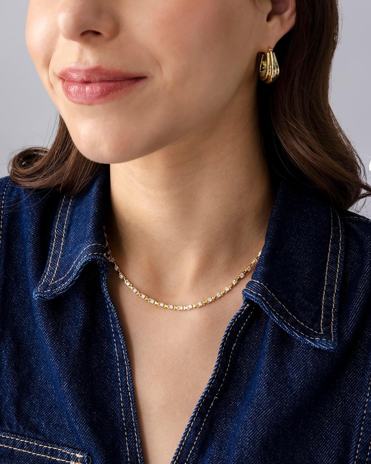 image:imagePAVOI 14K Gold Plated Simulated Diamond Tennis Necklaces for Women Classic Tennis Chain Timeless Station Round and Pear Cubic Zirconia Stones Choker NecklaceStation