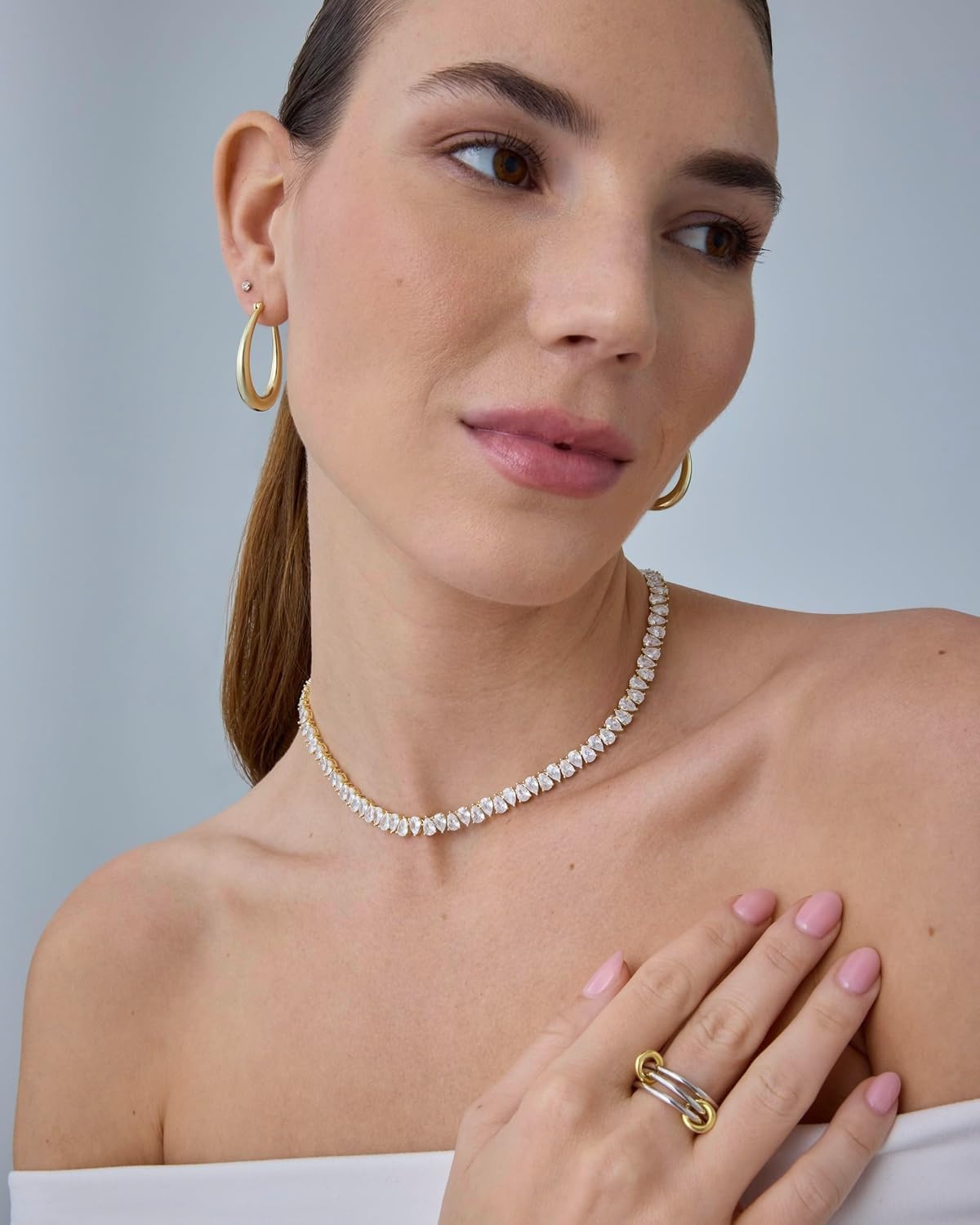 image:imagePAVOI 14K Gold Plated Simulated Diamond Tennis Necklaces for Women Classic Tennis Chain Timeless Station Round and Pear Cubic Zirconia Stones Choker NecklacePear 15 Inches
