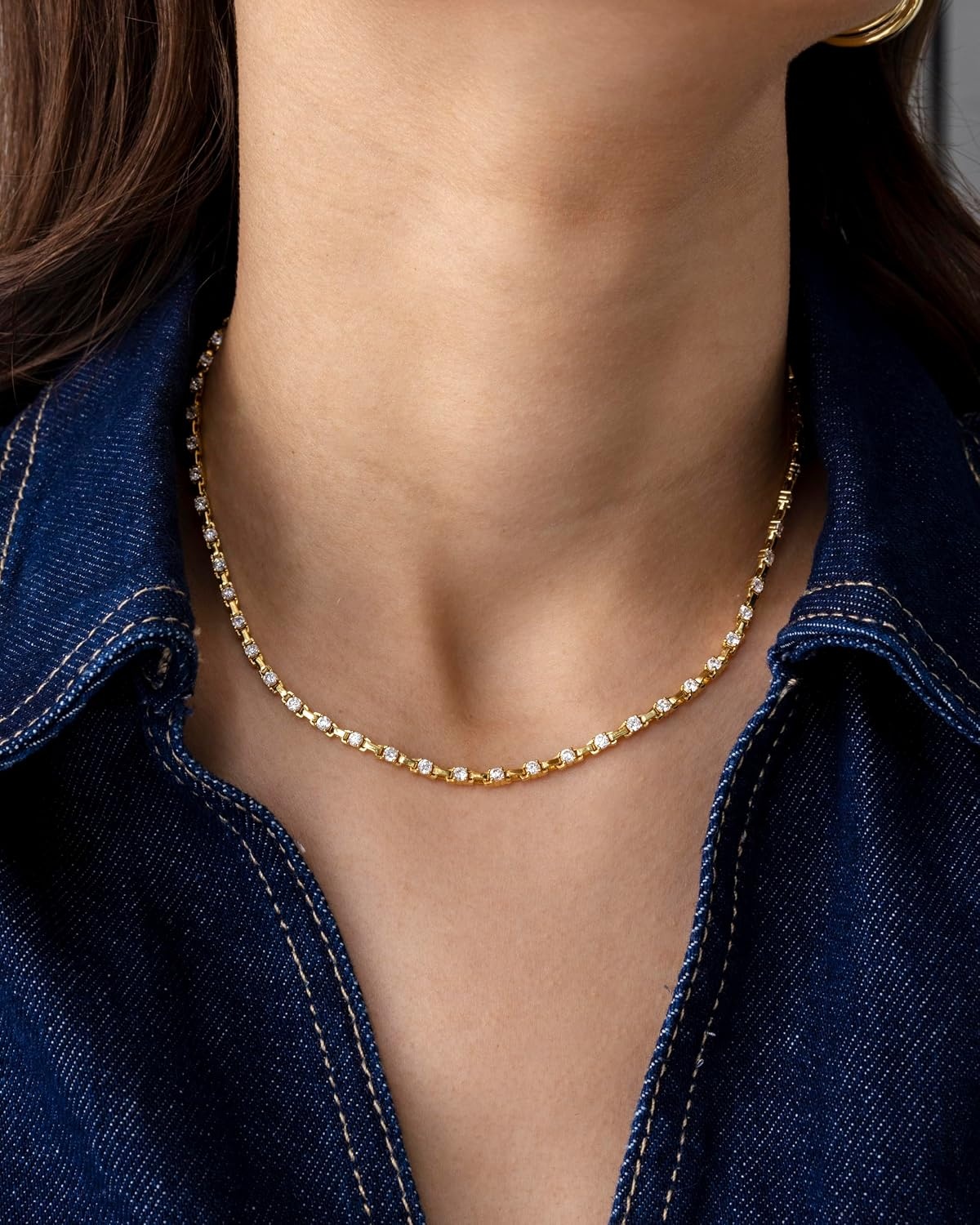 image:imagePAVOI 14K Gold Plated Simulated Diamond Tennis Necklaces for Women Classic Tennis Chain Timeless Station Round and Pear Cubic Zirconia Stones Choker NecklaceStation