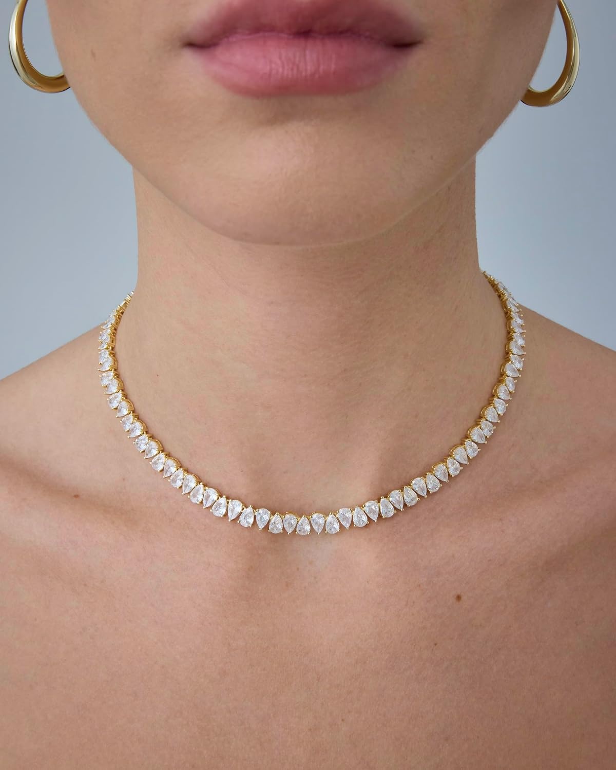 image:imagePAVOI 14K Gold Plated Simulated Diamond Tennis Necklaces for Women Classic Tennis Chain Timeless Station Round and Pear Cubic Zirconia Stones Choker NecklacePear 15 Inches