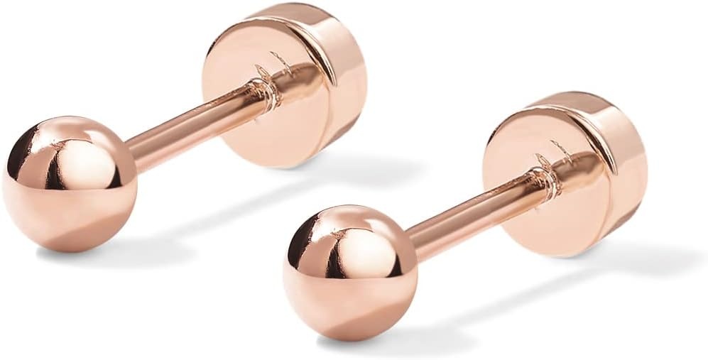 image:imagePAVOI 14K Gold Plated Solid 925 Sterling Silver Posts Dainty Ball Stud Flatback Earrings for Women Cartilage Helix Piercing Jewelry Small Screwbacks Stud Earrings for WomenRose Gold