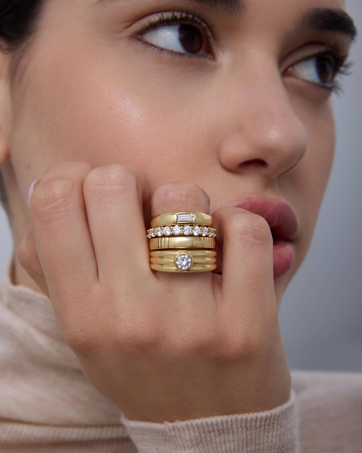 image:imagePAVOI 14K Gold Plated Stackable Rings for Women Dainty Stackable Gold Ring Set of Four with Cubic Zirconia MultiBands Trendy Fashion JewelryWhite Gold