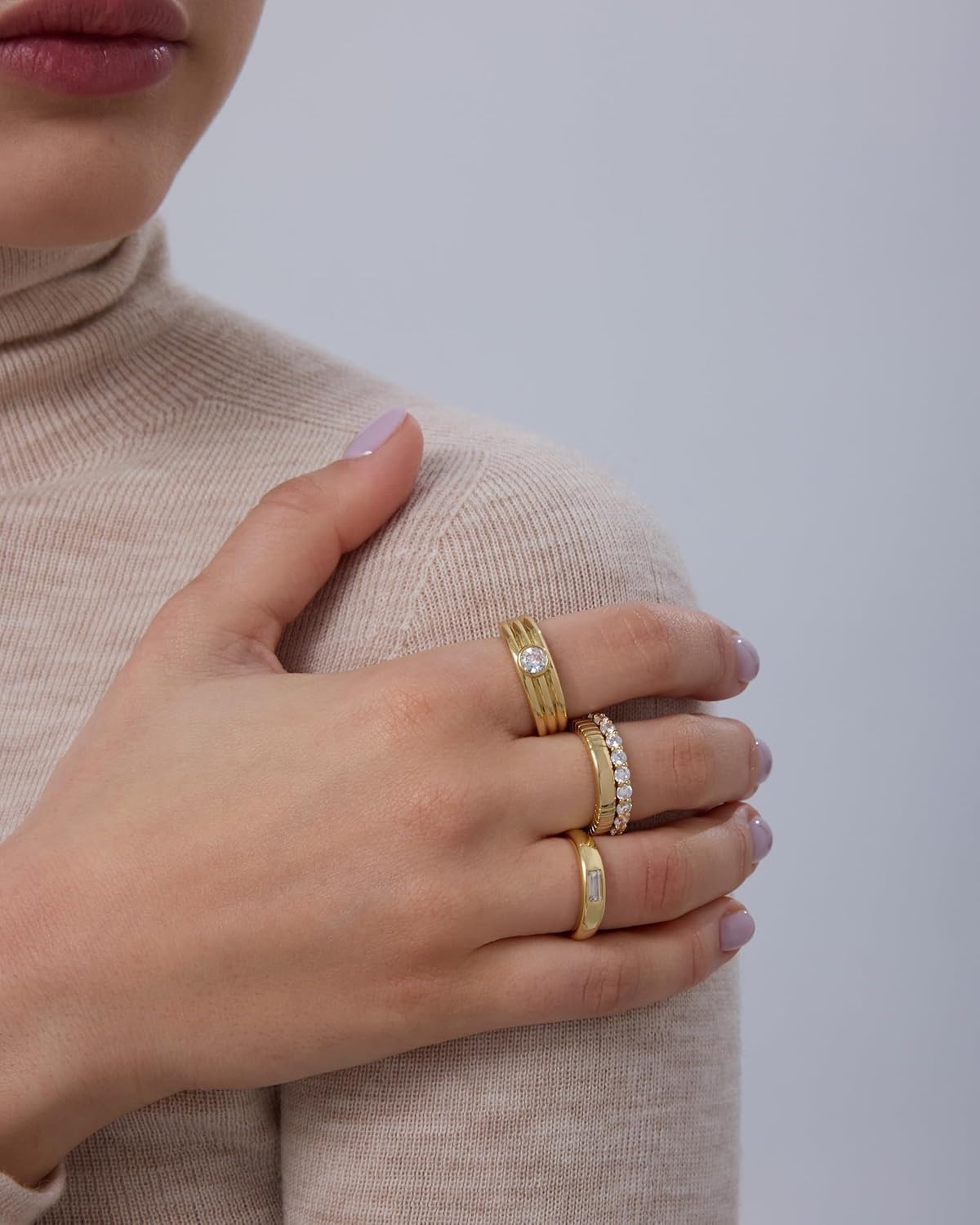 image:imagePAVOI 14K Gold Plated Stackable Rings for Women Dainty Stackable Gold Ring Set of Four with Cubic Zirconia MultiBands Trendy Fashion JewelryYellow Gold