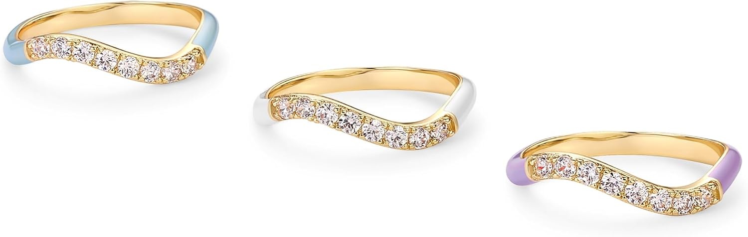 image:imagePAVOI 14K Gold Plated Stackable Rings for Women Open Twist Wavy Colored Enamel and Cubic Zirconia Rings Enamel Eternity BandsYellow Gold Blue Enamel