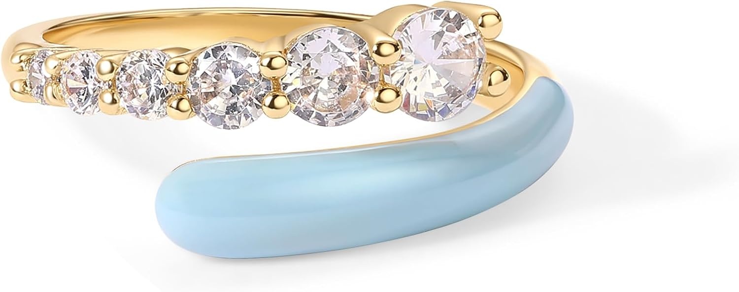 image:imagePAVOI 14K Gold Plated Stackable Rings for Women Open Twist Wavy Colored Enamel and Cubic Zirconia Rings Enamel Eternity BandsYellow Gold Blue Enamel