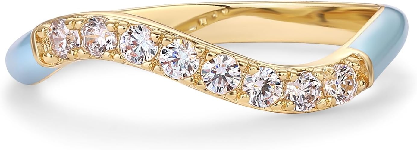 image:imagePAVOI 14K Gold Plated Stackable Rings for Women Open Twist Wavy Colored Enamel and Cubic Zirconia Rings Enamel Eternity BandsYellow Gold Blue Enamel