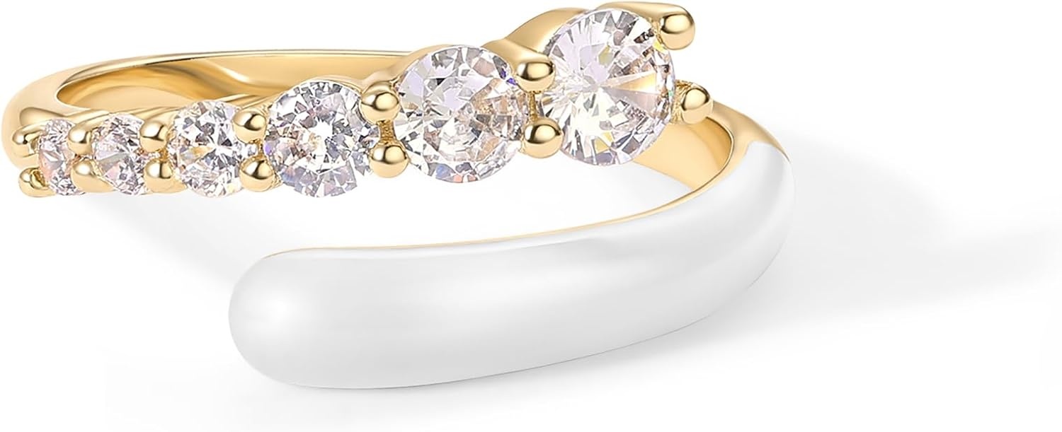 image:imagePAVOI 14K Gold Plated Stackable Rings for Women Open Twist Wavy Colored Enamel and Cubic Zirconia Rings Enamel Eternity BandsYellow Gold White Enamel