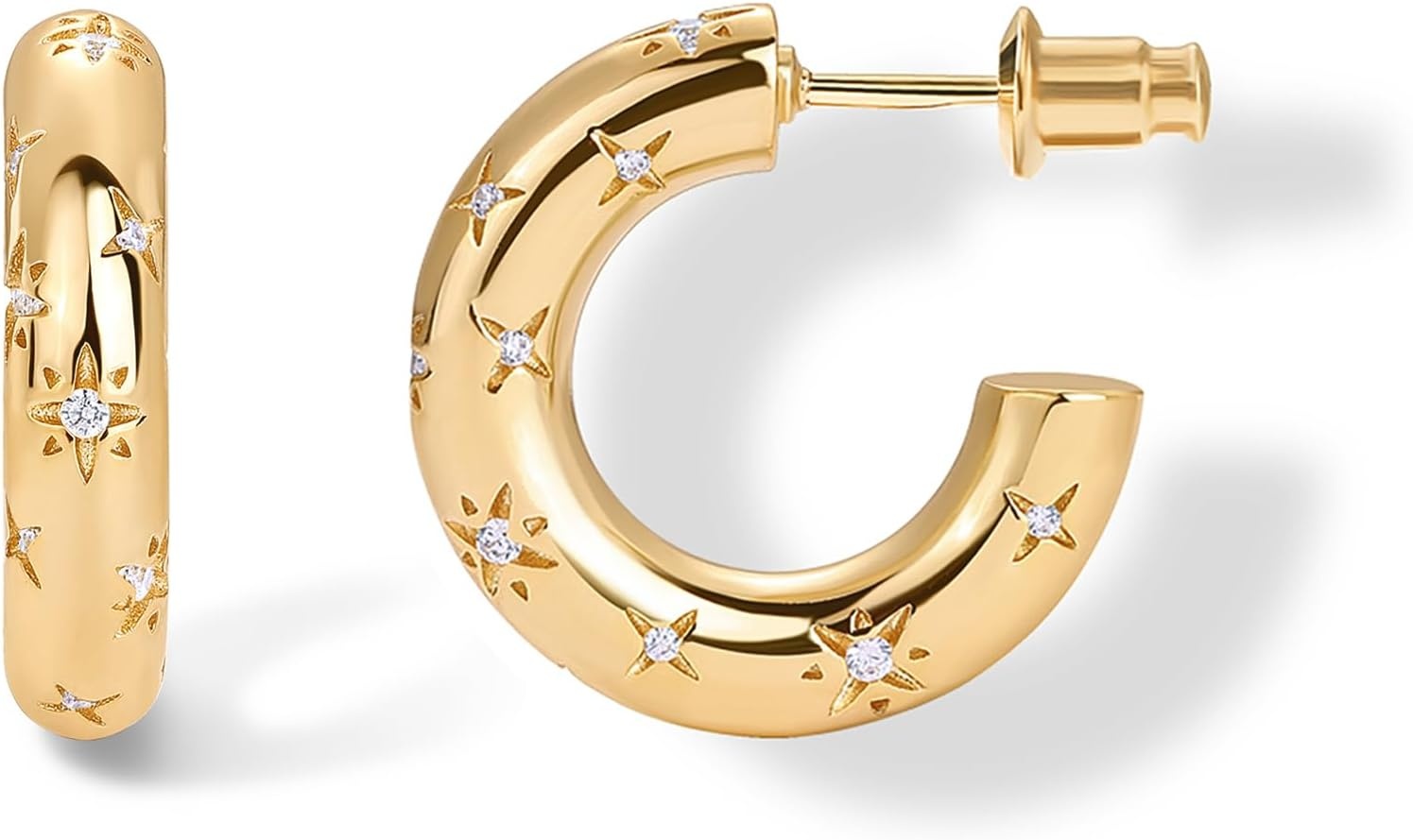 image:imagePAVOI 14K Gold Plated Star Shine Hoop Earrings for Women Cubic Zirconia Celestial Chunky Hoops Earrings20mm