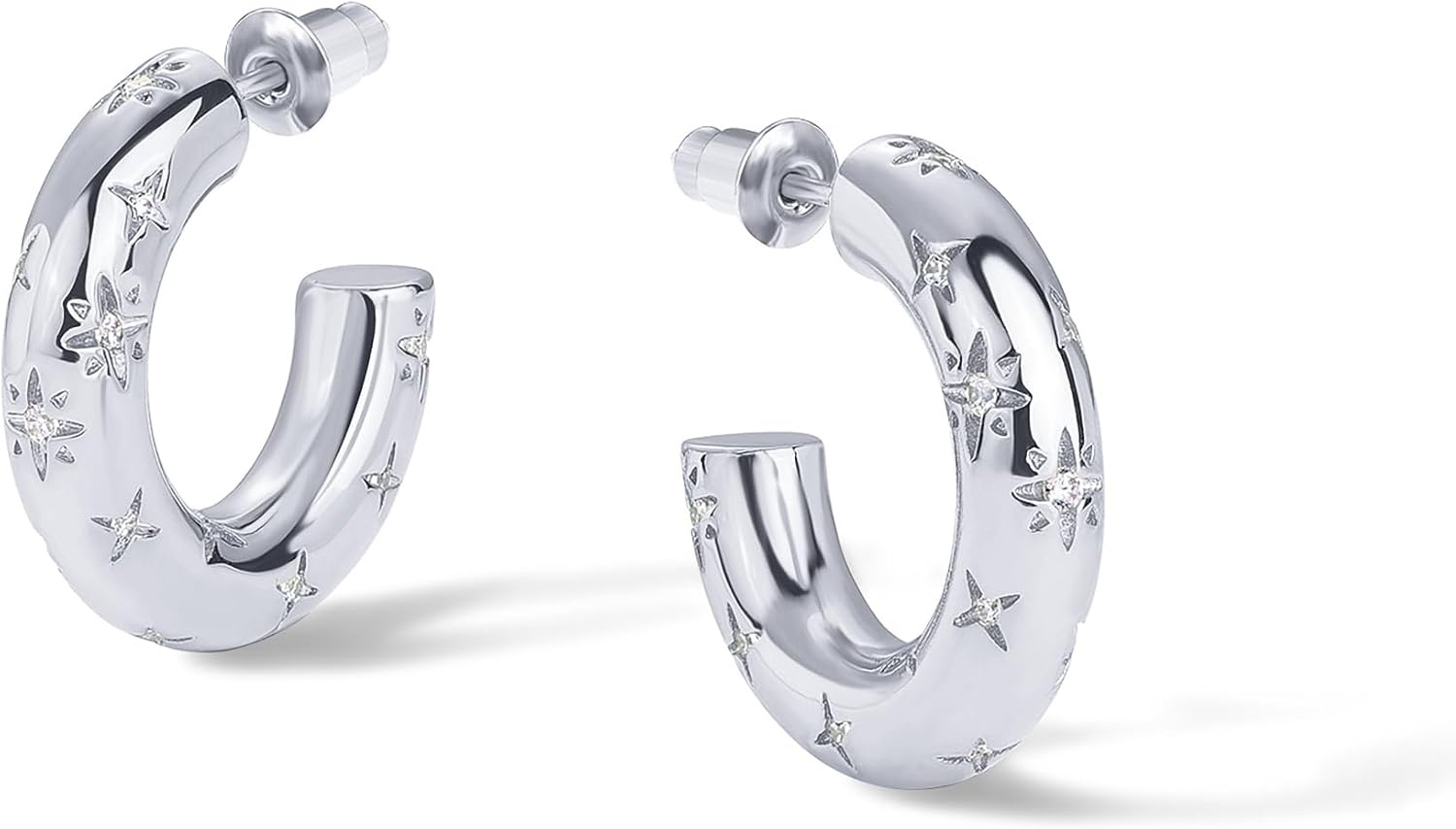 image:imagePAVOI 14K Gold Plated Star Shine Hoop Earrings for Women Cubic Zirconia Celestial Chunky Hoops Earrings20mm