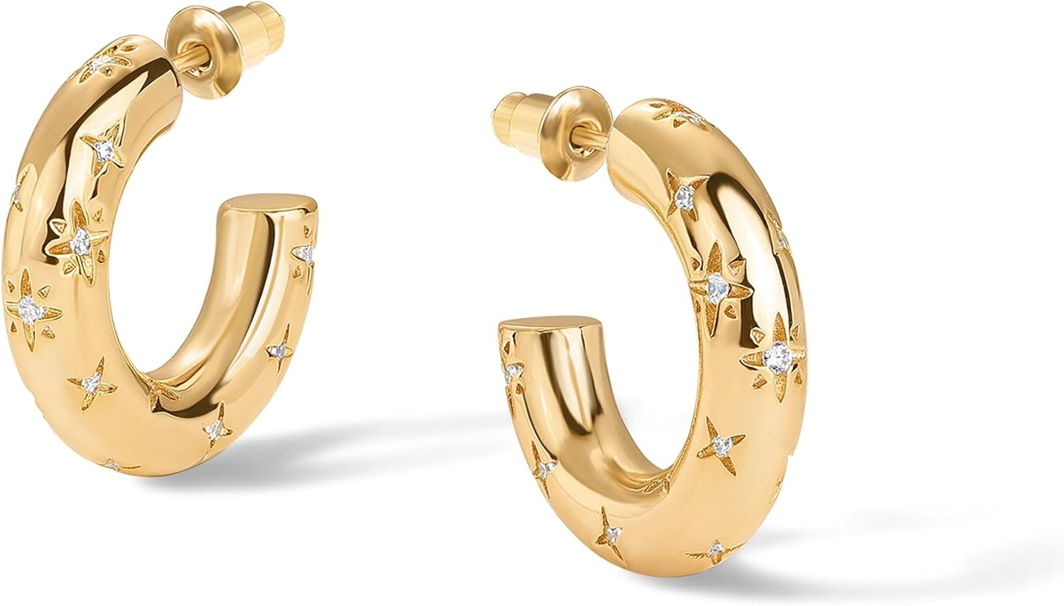 image:imagePAVOI 14K Gold Plated Star Shine Hoop Earrings for Women Cubic Zirconia Celestial Chunky Hoops Earrings20mm