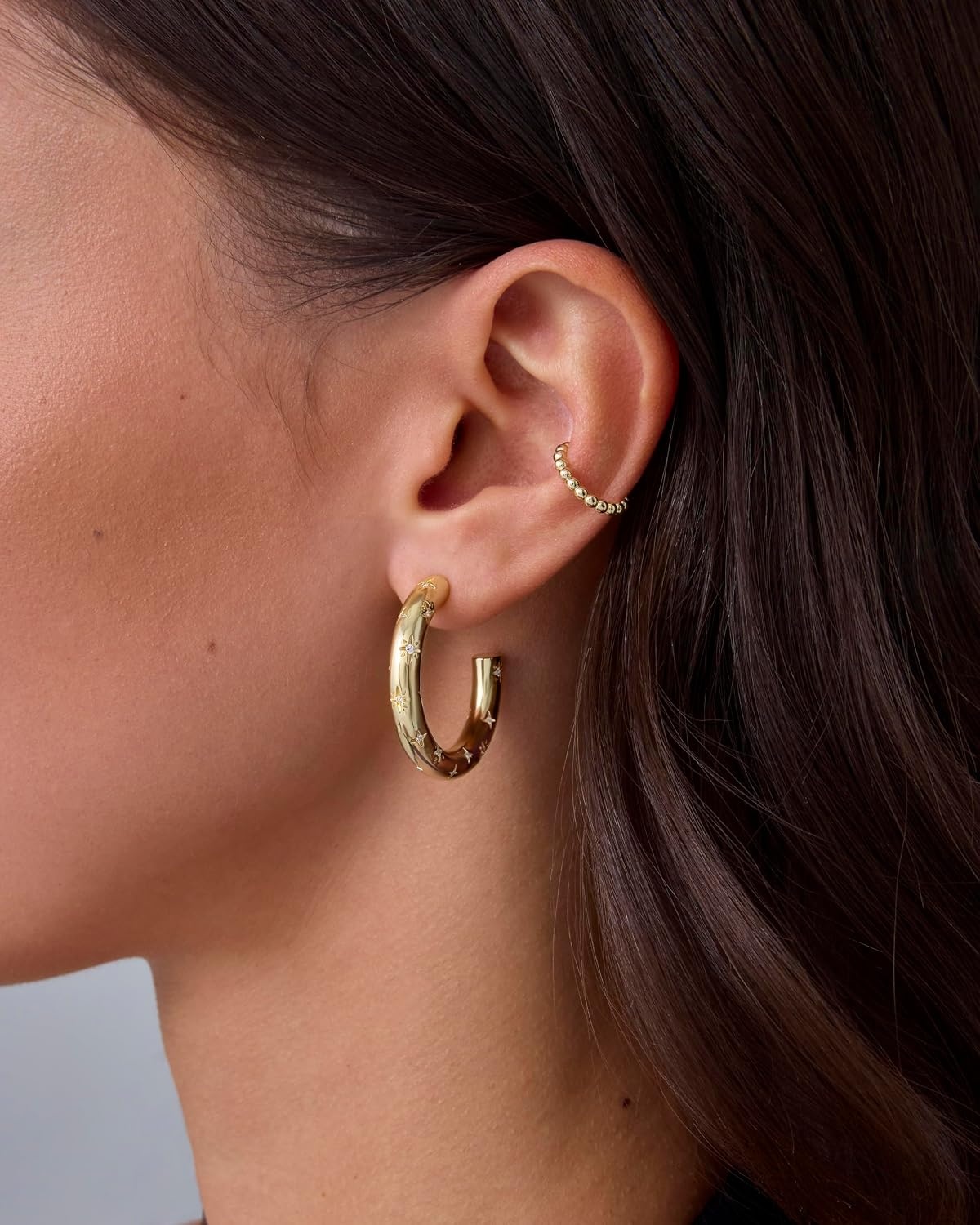 image:imagePAVOI 14K Gold Plated Star Shine Hoop Earrings for Women Cubic Zirconia Celestial Chunky Hoops Earrings30mm
