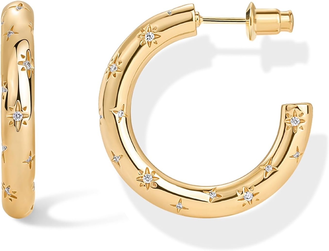 image:imagePAVOI 14K Gold Plated Star Shine Hoop Earrings for Women Cubic Zirconia Celestial Chunky Hoops Earrings30mm