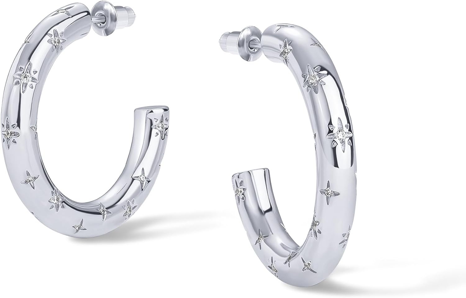 image:imagePAVOI 14K Gold Plated Star Shine Hoop Earrings for Women Cubic Zirconia Celestial Chunky Hoops Earrings30mm
