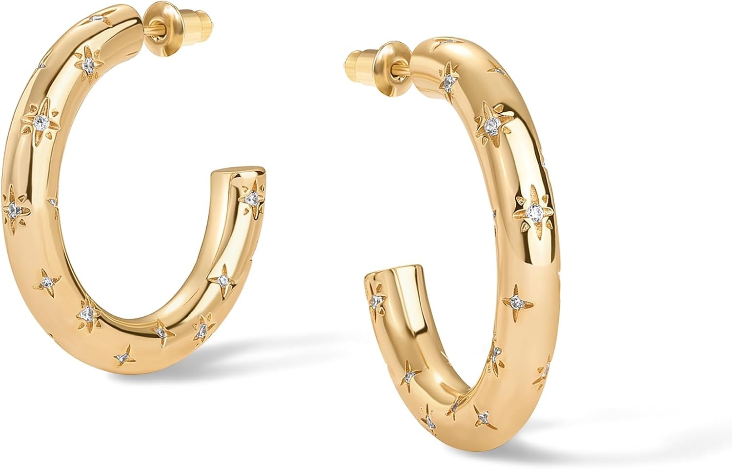 image:imagePAVOI 14K Gold Plated Star Shine Hoop Earrings for Women Cubic Zirconia Celestial Chunky Hoops Earrings30mm