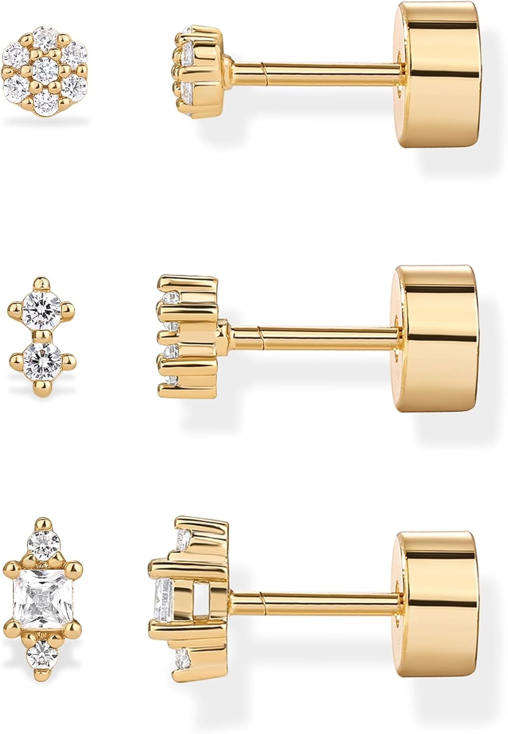 image:imagePAVOI 14K Gold Plated Sterling Silver Posts Dainty Mini MultiShape Flat Back Stud Earring Pack for Women Helix Cartilage Piercing Jewelry3Pair Set