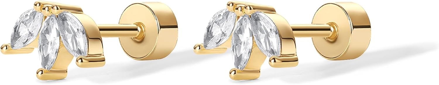 image:imagePAVOI 14K Gold Plated Sterling Silver Posts Dainty Mini MultiShape Flat Back Stud Earring Pack for Women Helix Cartilage Piercing JewelryLeaf