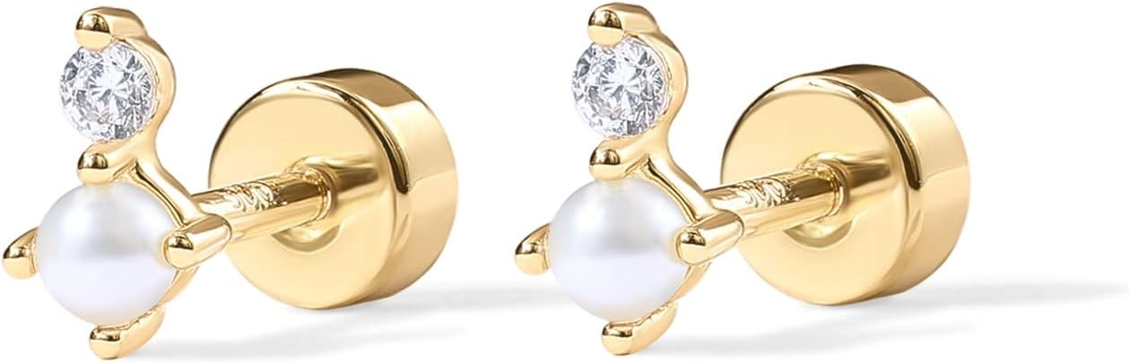 image:imagePAVOI 14K Gold Plated Sterling Silver Posts Dainty Mini MultiShape Flat Back Stud Earring Pack for Women Helix Cartilage Piercing JewelryPearl