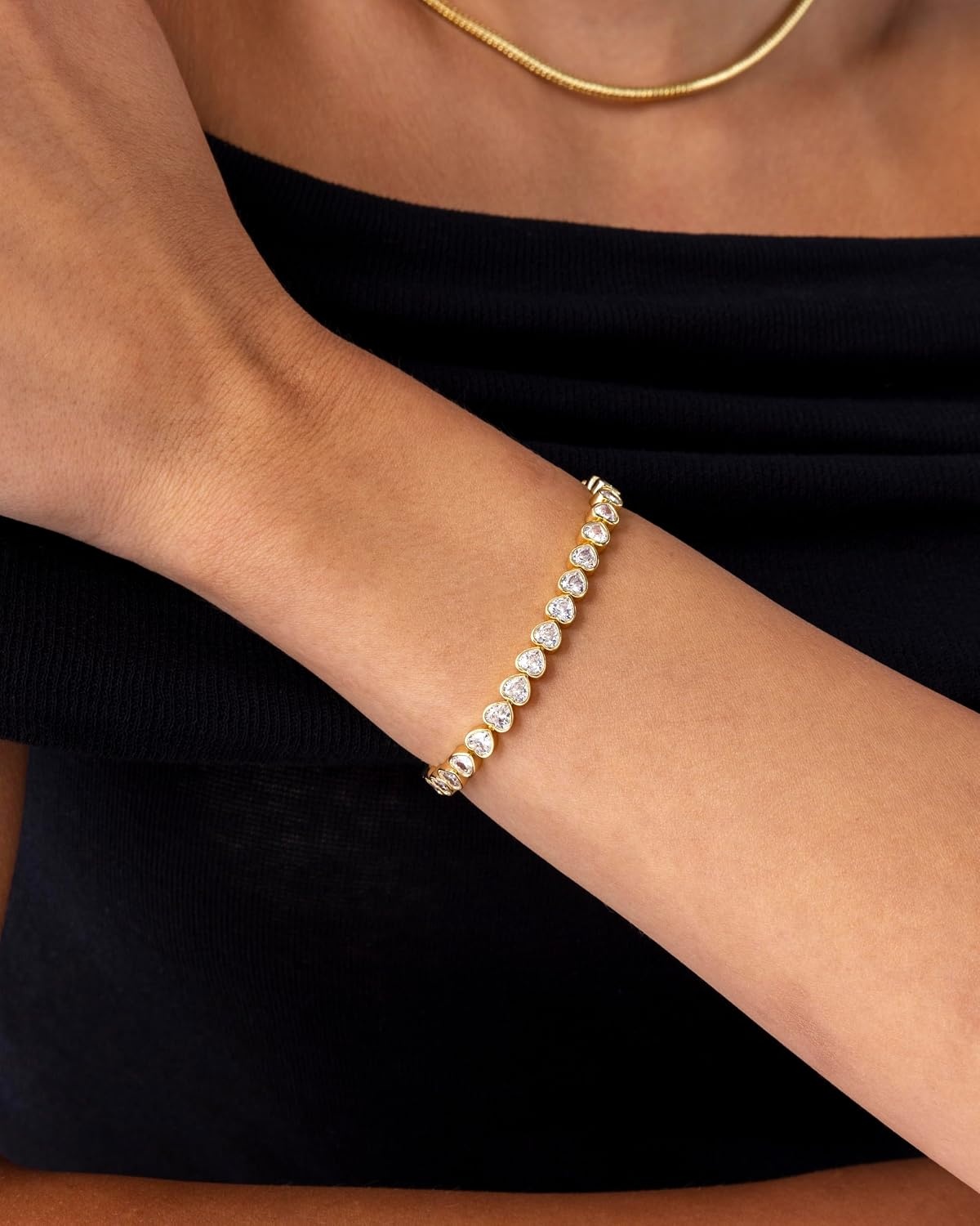 image:imagePAVOI 14K Gold Plated Tennis Bracelets for Women Bezel Set Cubic Zirconia Bracelet Simulated Diamonds Round Trillion Trinity Radiant Pear Valentines Day Heart Cut Stones Wedding Jewelry Gifts for BridesYellow Gold