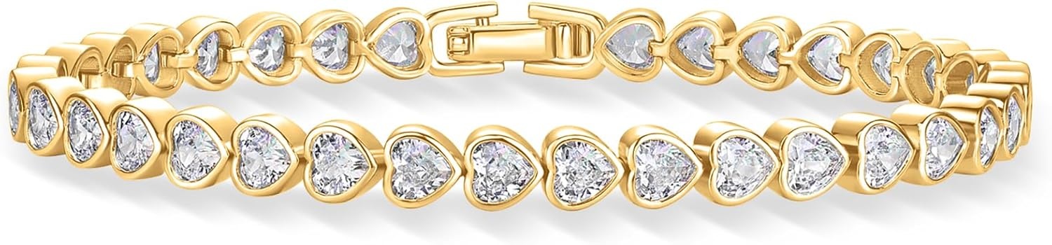 image:imagePAVOI 14K Gold Plated Tennis Bracelets for Women Bezel Set Cubic Zirconia Bracelet Simulated Diamonds Round Trillion Trinity Radiant Pear Valentines Day Heart Cut Stones Wedding Jewelry Gifts for BridesYellow Gold