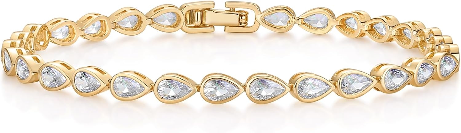 image:imagePAVOI 14K Gold Plated Tennis Bracelets for Women Bezel Set Cubic Zirconia Bracelet Simulated Diamonds Round Trillion Trinity Radiant Pear Valentines Day Heart Cut Stones Wedding Jewelry Gifts for BridesYellow Gold