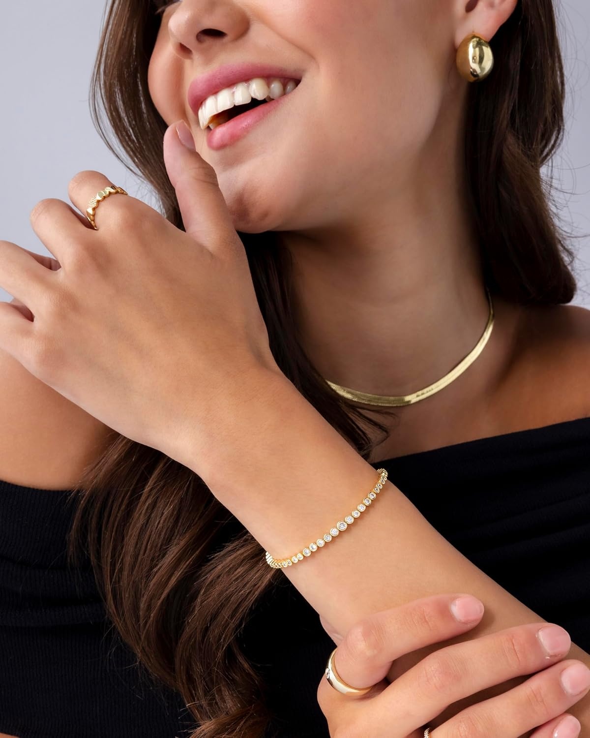 image:imagePAVOI 14K Gold Plated Tennis Bracelets for Women Bezel Set Cubic Zirconia Bracelet Simulated Diamonds Round Trillion Trinity Radiant Pear Valentines Day Heart Cut Stones Wedding Jewelry Gifts for BridesWhite Gold