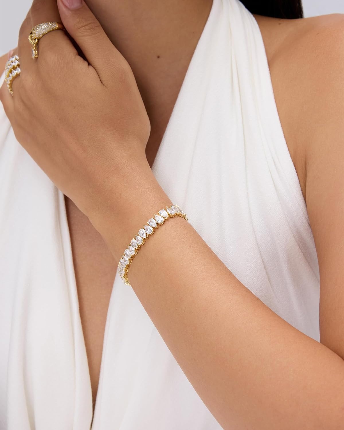 image:imagePAVOI 14K Gold Plated Tennis Bracelets for Women Bridal Gold Tennis Bracelet with Pear Cubic Zirconia Hypoallergenic Trendy CZ Jewelry Elegant Bridal Wedding GiftYellow Gold