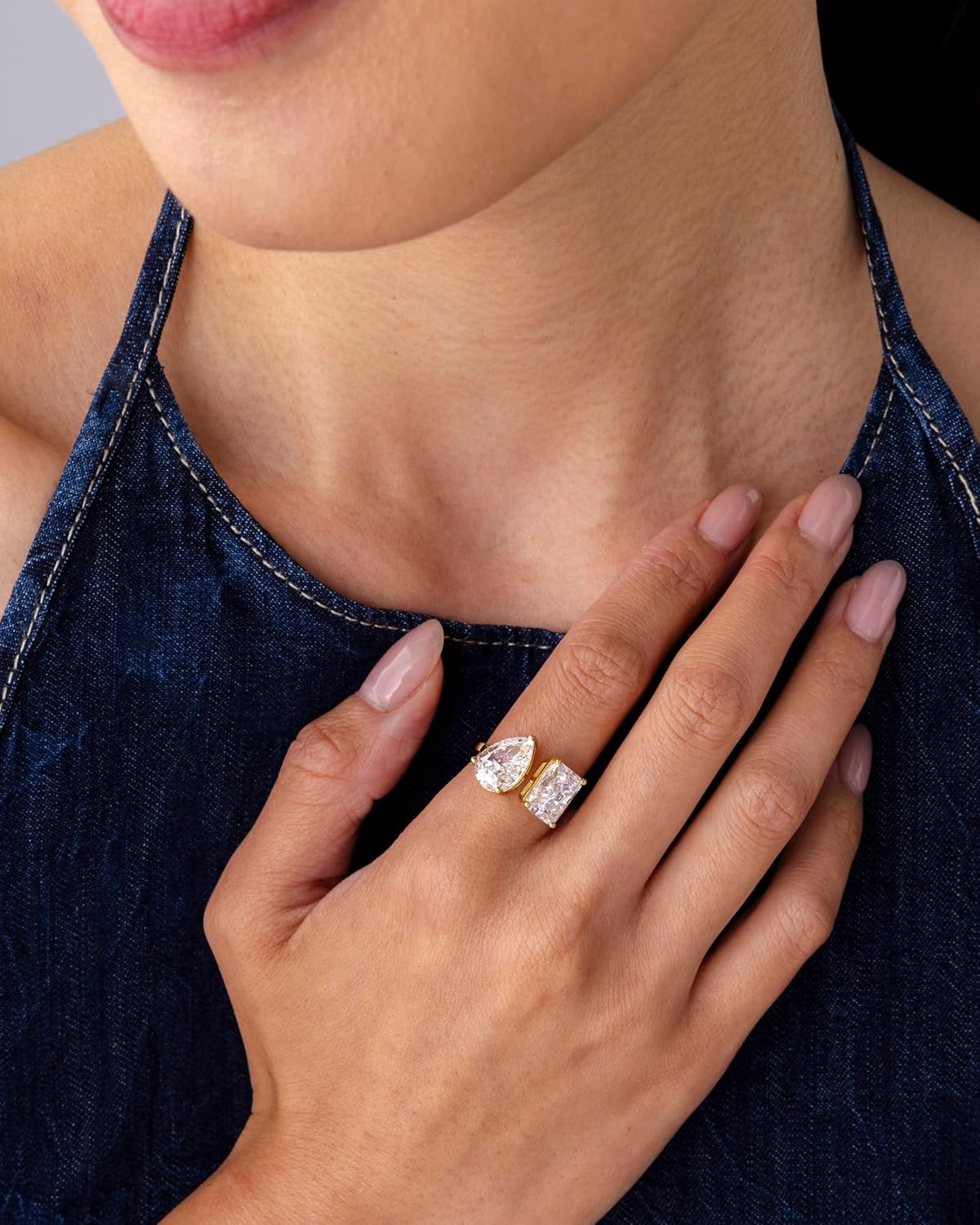 image:imagePAVOI 14K Gold Plated Toi Et Moi RadiantCut PearShaped Cubic Zirconia Wedding Engagement Ring for Women Statement Promise RingWhite Gold