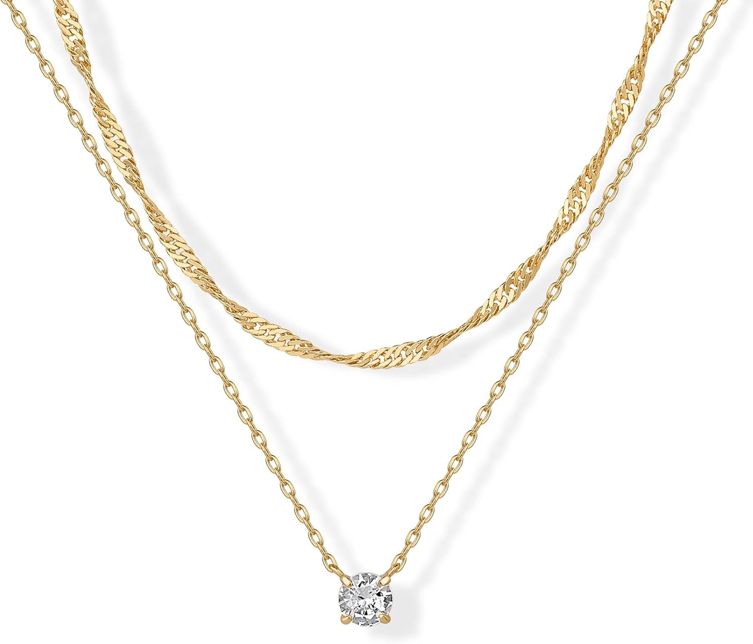 image:imagePAVOI 14K Gold Plated Twisted Singapore Chain Layering Choker with Round Solitaire and Serpentine Chain Layering Choker with PearCut Stone Pendant Necklace Pack for Women Cubic Zirconia Statement Layered Necklace SetYellow Gold
