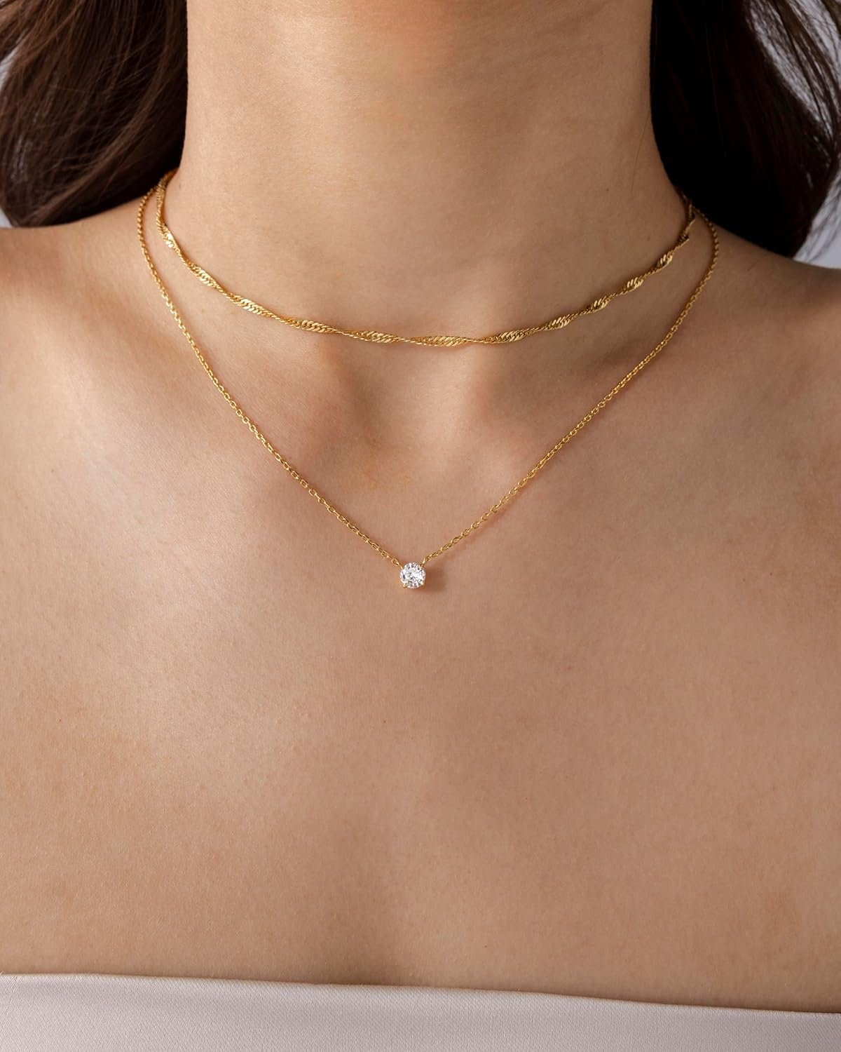 image:imagePAVOI 14K Gold Plated Twisted Singapore Chain Layering Choker with Round Solitaire and Serpentine Chain Layering Choker with PearCut Stone Pendant Necklace Pack for Women Cubic Zirconia Statement Layered Necklace SetYellow Gold
