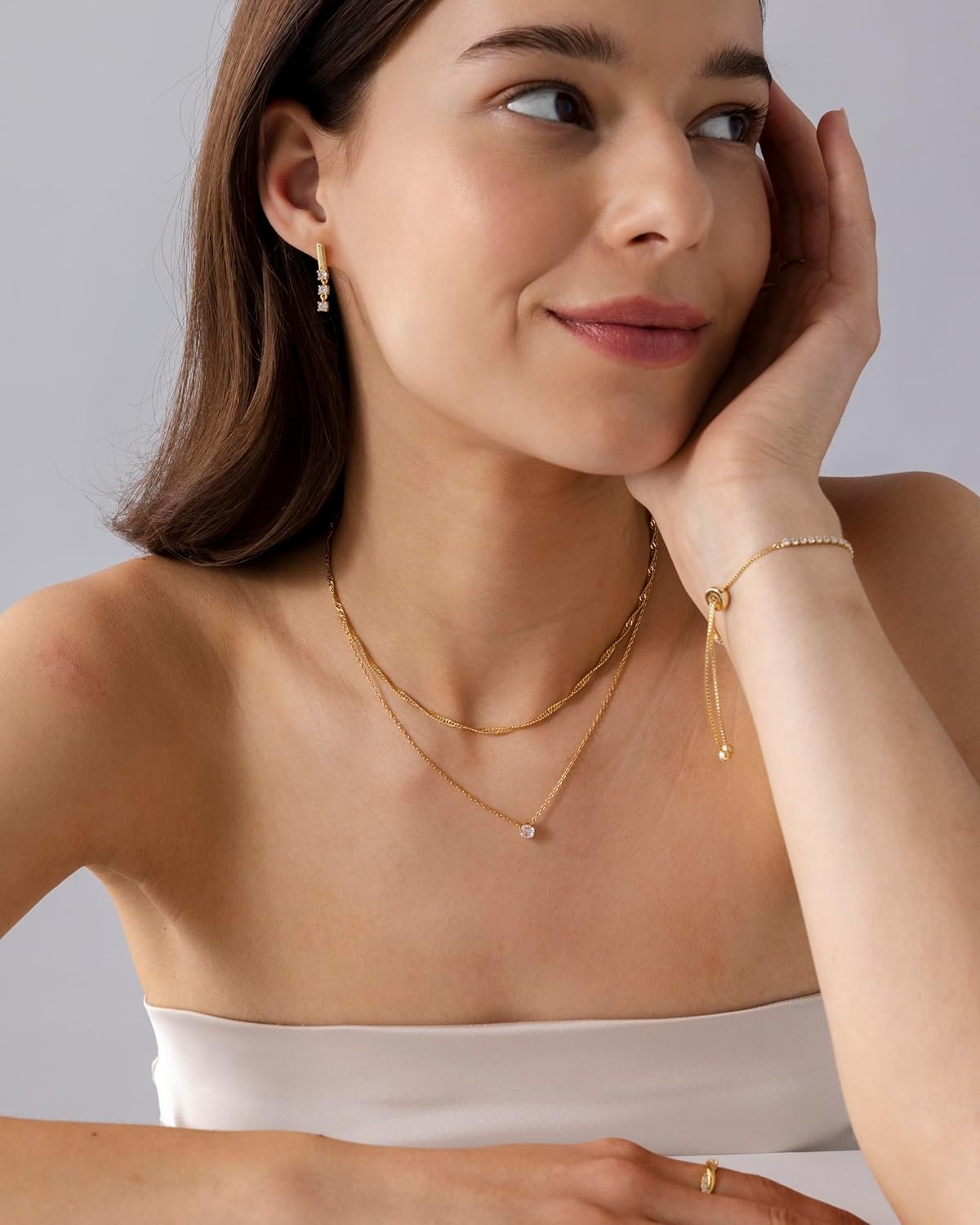 image:imagePAVOI 14K Gold Plated Twisted Singapore Chain Layering Choker with Round Solitaire and Serpentine Chain Layering Choker with PearCut Stone Pendant Necklace Pack for Women Cubic Zirconia Statement Layered Necklace SetYellow Gold