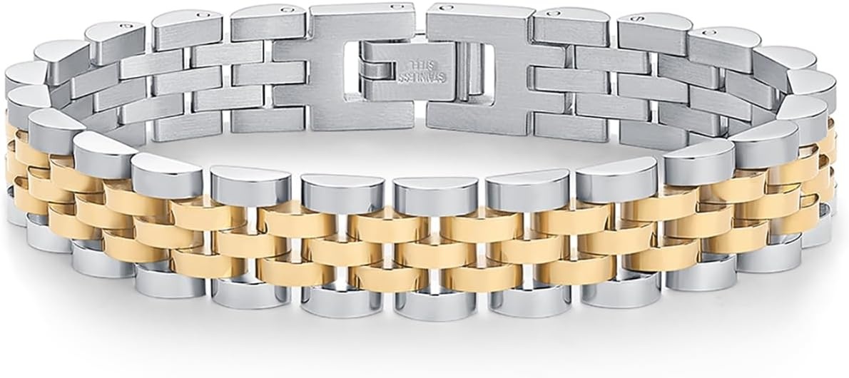 image:imagePAVOI 14K Gold Plated Waterproof Watch Strap Chain Bracelet for Women Two Toned Mixed Metals Stainless Steel Chunky Link BraceletWhite And Yellow Gold