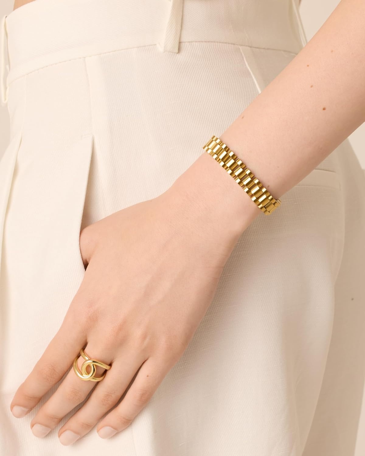 image:imagePAVOI 14K Gold Plated Waterproof Watch Strap Chain Bracelet for Women Two Toned Mixed Metals Stainless Steel Chunky Link BraceletWhite And Yellow Gold