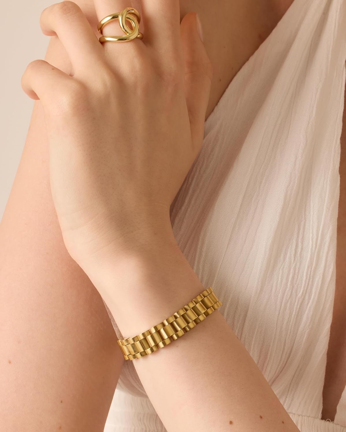 image:imagePAVOI 14K Gold Plated Waterproof Watch Strap Chain Bracelet for Women Two Toned Mixed Metals Stainless Steel Chunky Link BraceletWhite And Yellow Gold