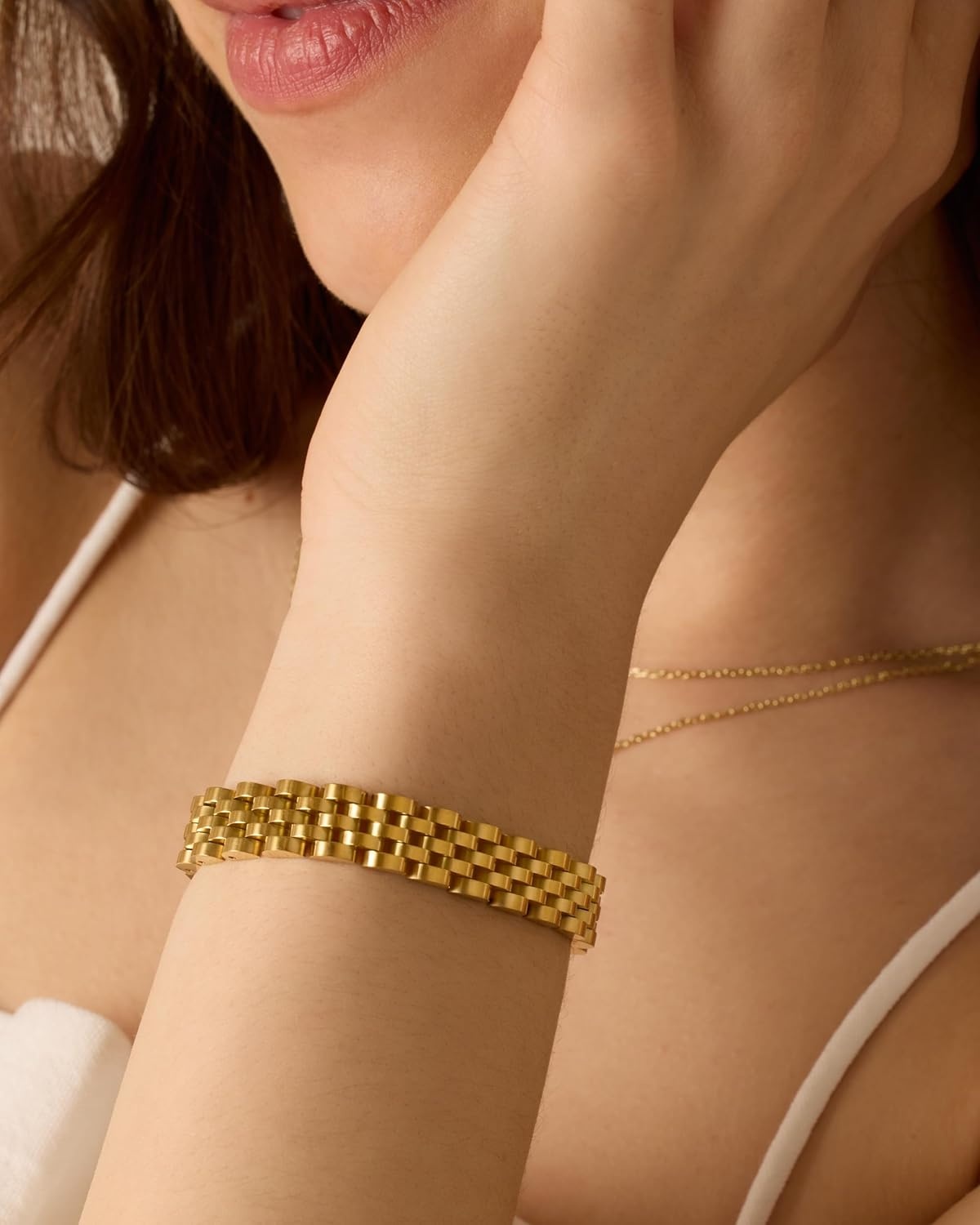image:imagePAVOI 14K Gold Plated Waterproof Watch Strap Chain Bracelet for Women Two Toned Mixed Metals Stainless Steel Chunky Link BraceletWhite Gold